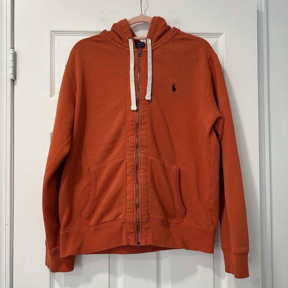 Polo Ralph Laurenβ Hoodie Mens Large Orange Full Zip Fleece Pony Logo Sweatshirt